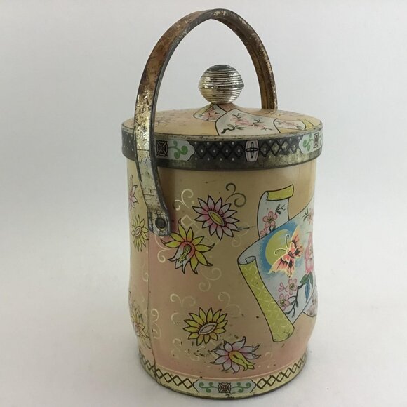 Floral Biscuit Tin With Handle Asian Style Tin Flowers and Butterflies Vintage - Picture 8 of 10